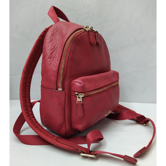 Coach Mini Charlie Red Pebbled Leather Front Pocket Zipper Closure Backpack - Picture 4 of 16